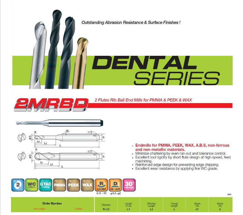 2 Flute Rib Ball Dental Milling Burs for PMMA, PEEK & WAX Dental Burs