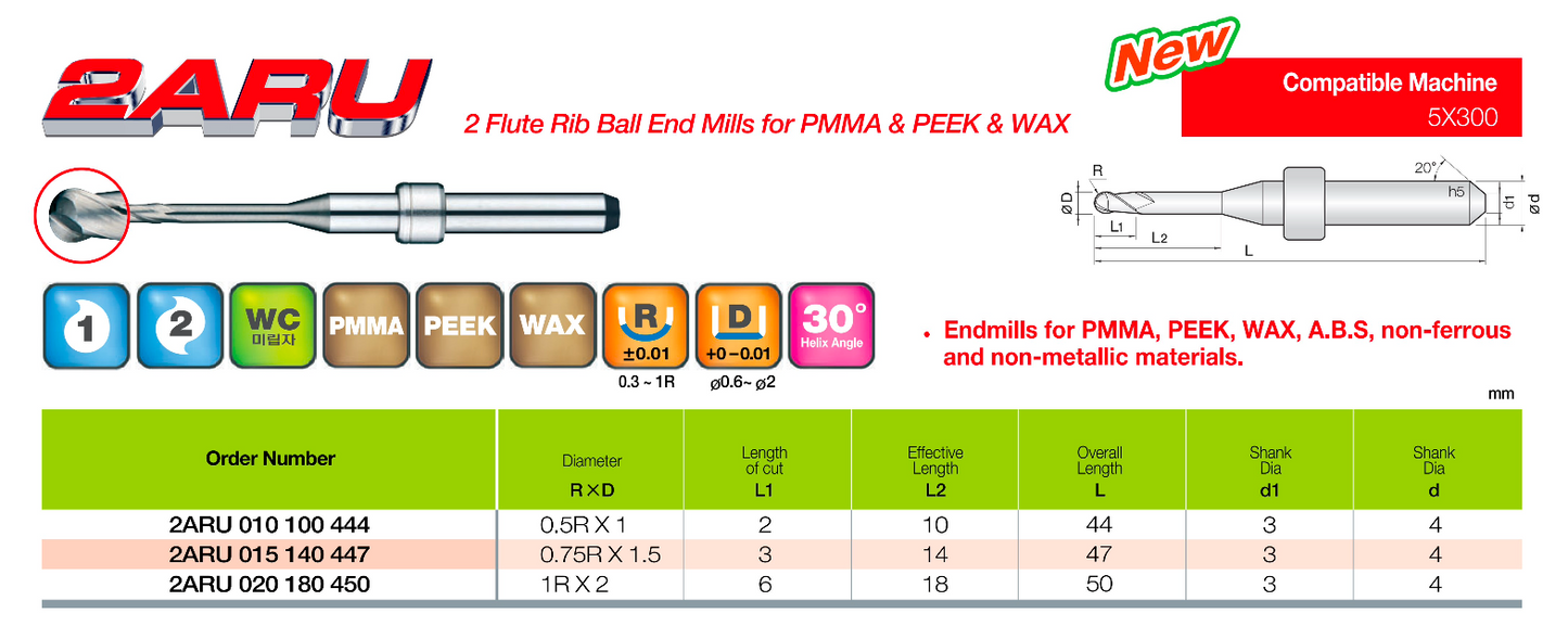 2ARU010100444 ARUM 2 Flute Rib Ball Dental Milling Burs for PMMA, PEEK, WAX, A.B.S. non-ferrous and non-metallic materials