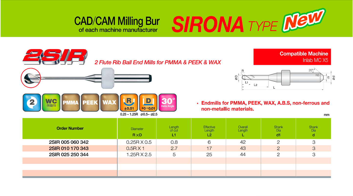 2SIR025250344 Sirona 2 Flute Rib Ball Dental Milling Burs for PMMA, PEEK and WAX
