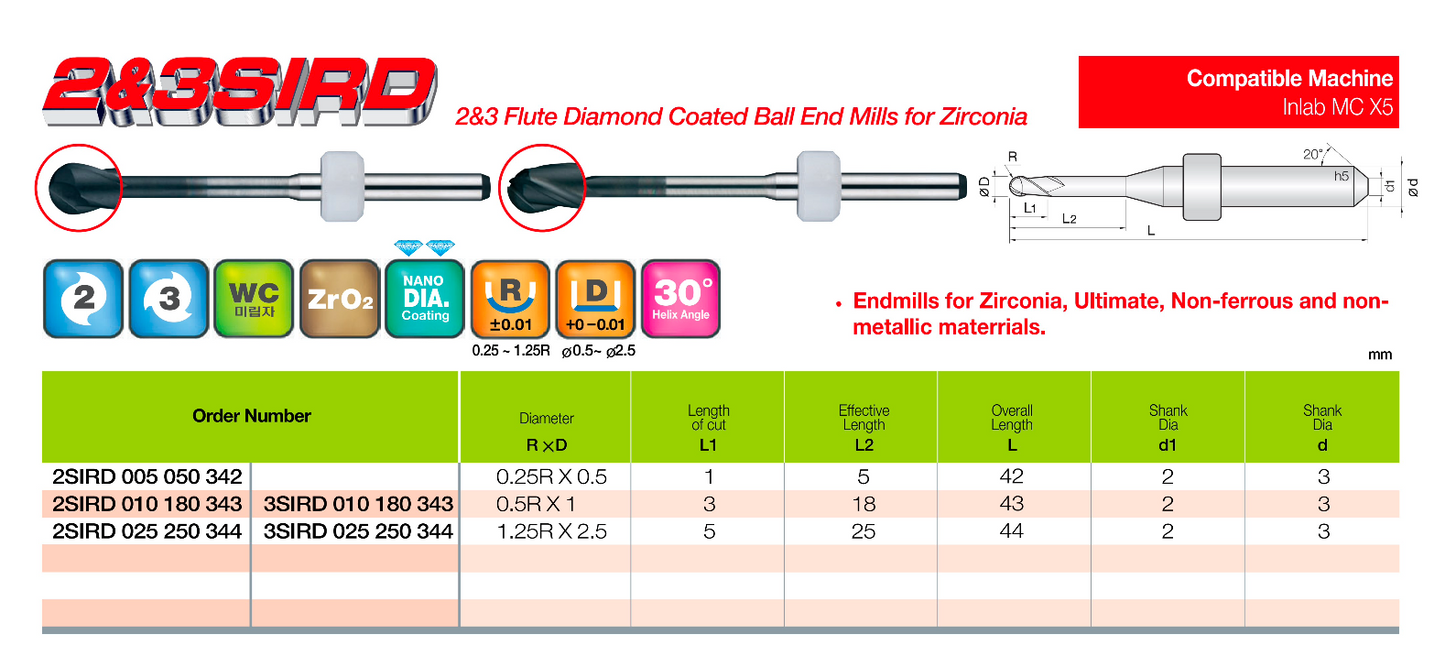 2SIRD010180343 Sirona 2 Flute Diamond Coated Ball End Mills for Zirconia