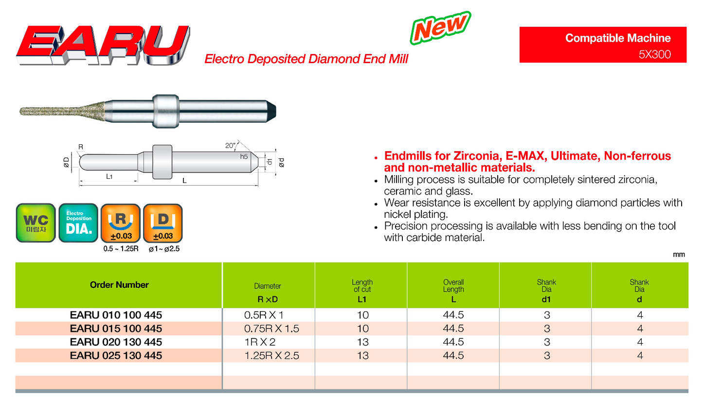 ERAU015100445 Carbide Electro Deposited Diamond Dental Milling Bur for Zirconia, E-MAX, & Ultimate