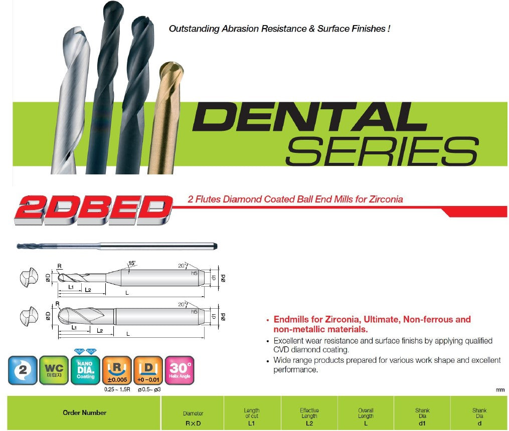 2DBED005050345 2 Flute Nanodiamond Coated Ball Dental Milling Burs for