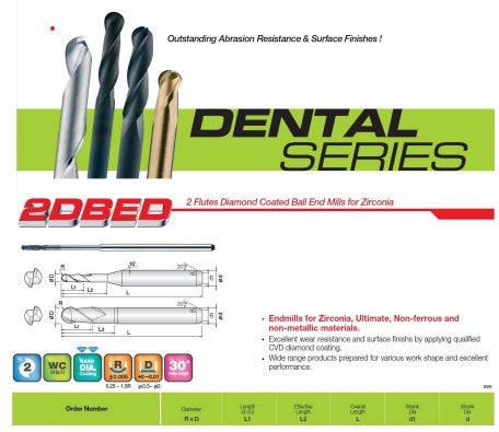 2DBED005050645 2 Flute Diamond Coated Ball Dental Milling Burs for Zirconia