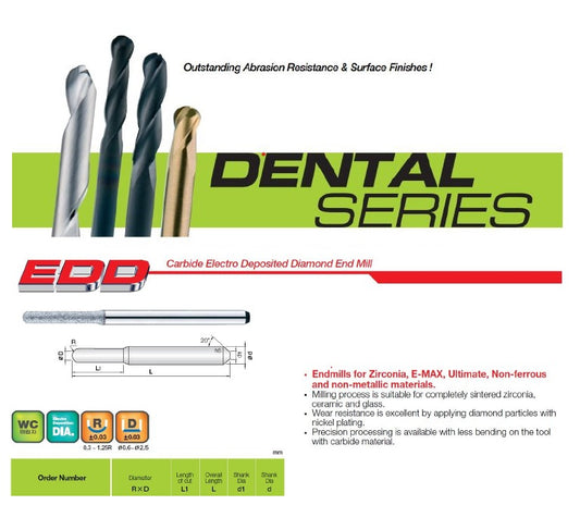 EDD006060340 Carbide Electro Deposited Diamond Dental Milling Bur for Zirconia, E-MAX, & Ultimate