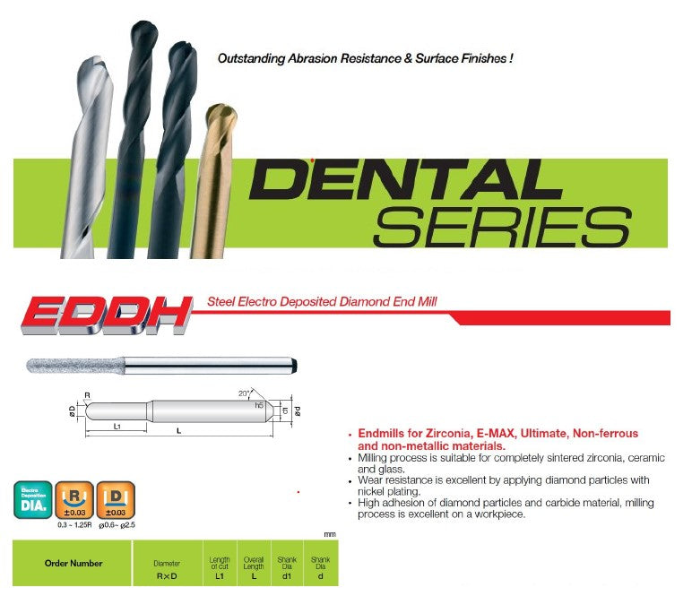 EDDH015080450 Steel Electro Deposited Diamond Dental Milling Burs for Zirconia, E-MAX, Ultimate